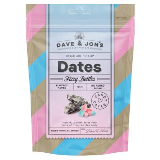   Dave & Jon's dates fizzy bottles mag nélküli ízesített datolya savanykás rágógumi ízben, hozzáadott cukor nélkül 125 g