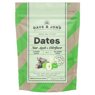   Dave & Jon's dates mag nélküli ízesített datolya savanyú alma és bodzavirág ízben, hozzáadott cukor nélkül 125 g