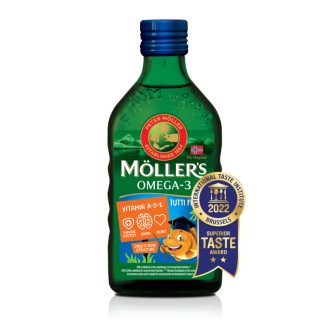   Möllers omega-3 halolaj étrend-kiegészítő a, d és e-vitaminnal, tutti-frutti ízesítéssel 250 ml